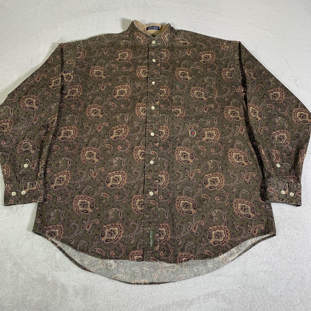 Vintage Tommy Hilfiger Shirt Mens Medium Green Paisley Long Sleeve Band Collar‎